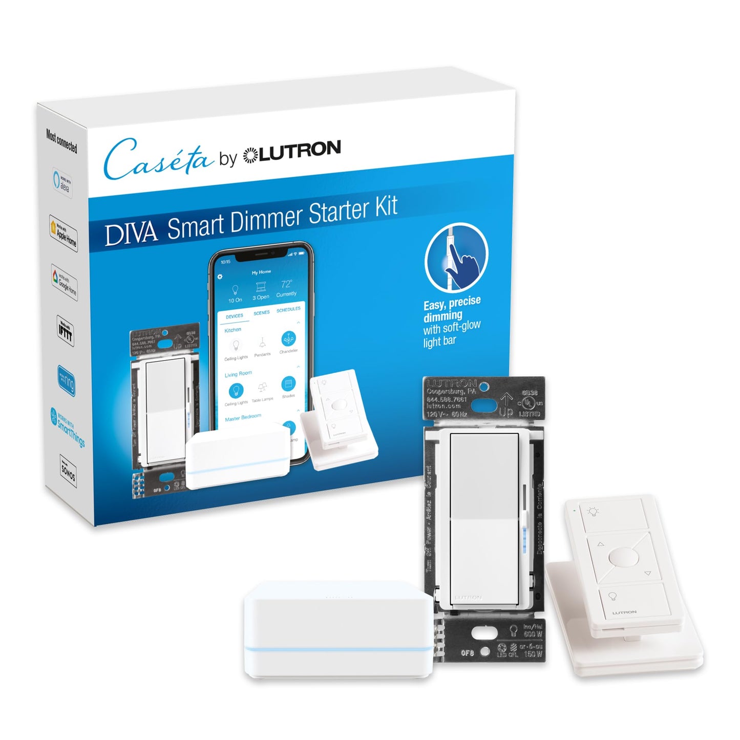 Lutron Diva Smart Dimmer Switch Kit for Caseta Lighting w/ Hub, Pico Remote & Pedestal, Smart Dimmer Works with Apple Home, Ring, Google Home, 3 Way, DVRF-BDG-1DP-A