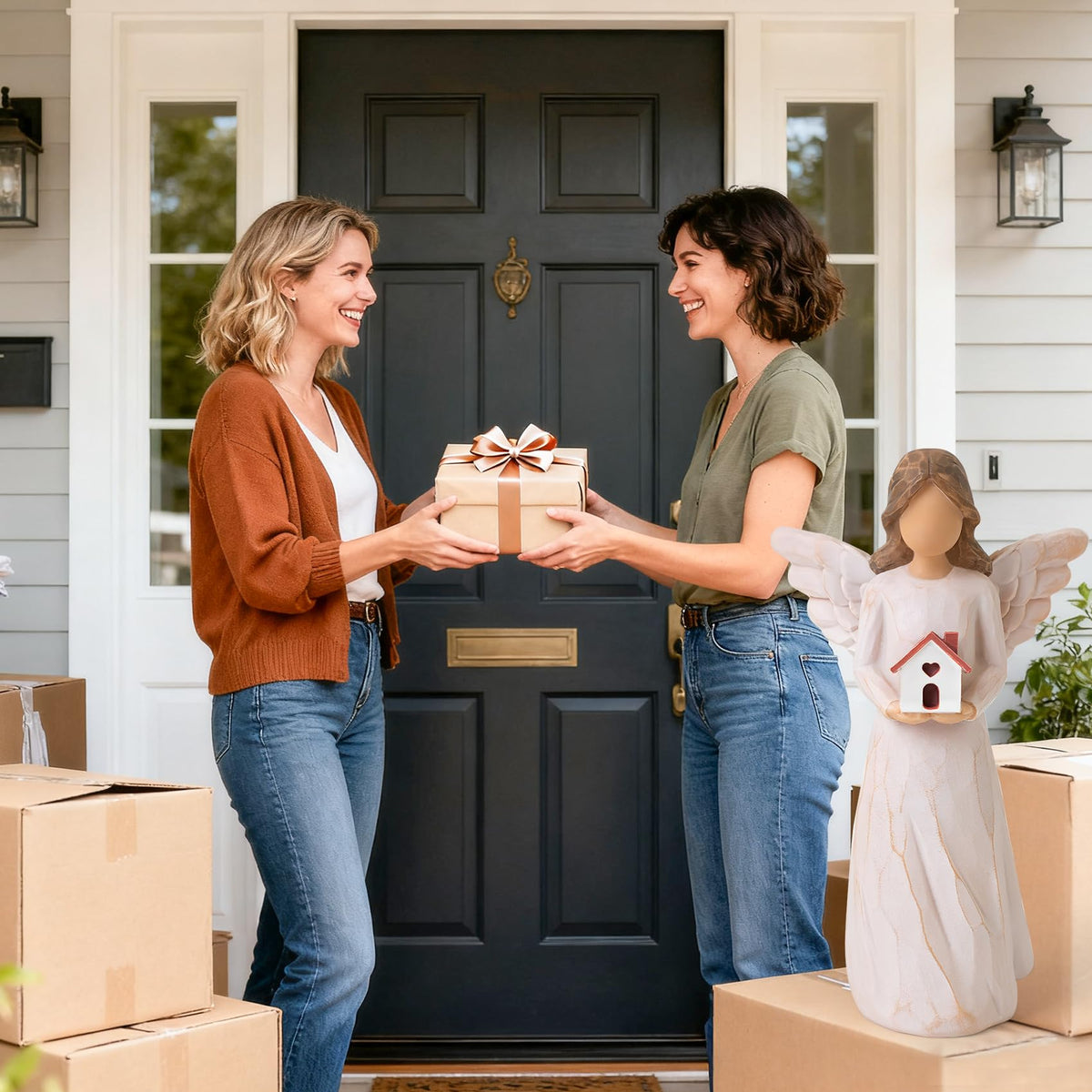 thovorrnl Housewarming Gifts New Home, House Warming Gifts for Women, Men, Couple, First Time Home Buyers, Homeowners, Guardian Angel with House Figurines, Sculpted Hand-Painted Statue