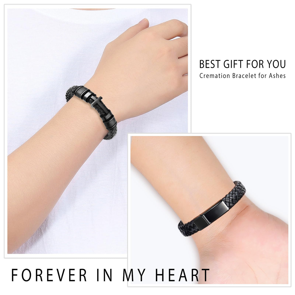 Minicremation Cross Cremation Jewelry Urn Bracelet for Ashes Genuine Leather for Women Men Keepsake Memorial Cuff Bangle Braided Wristband Bracelet for Men (Black-A, 20cm/7.87")