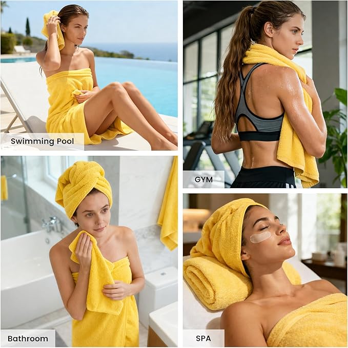 SEMAXE Yellow Bath Towel Set, 100% Cotton Absorbent Bathroom Towels