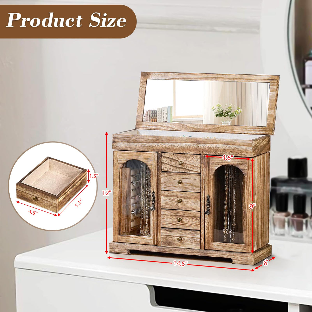 Miratino Jewelry Box for Women Girls, Rustic Wooden Jewelry Organizer Box with Mirror, 5 Layer Jewelry Storage Case Display for Necklaces Earrings Rings Bracelets Valentine's Day Gifts