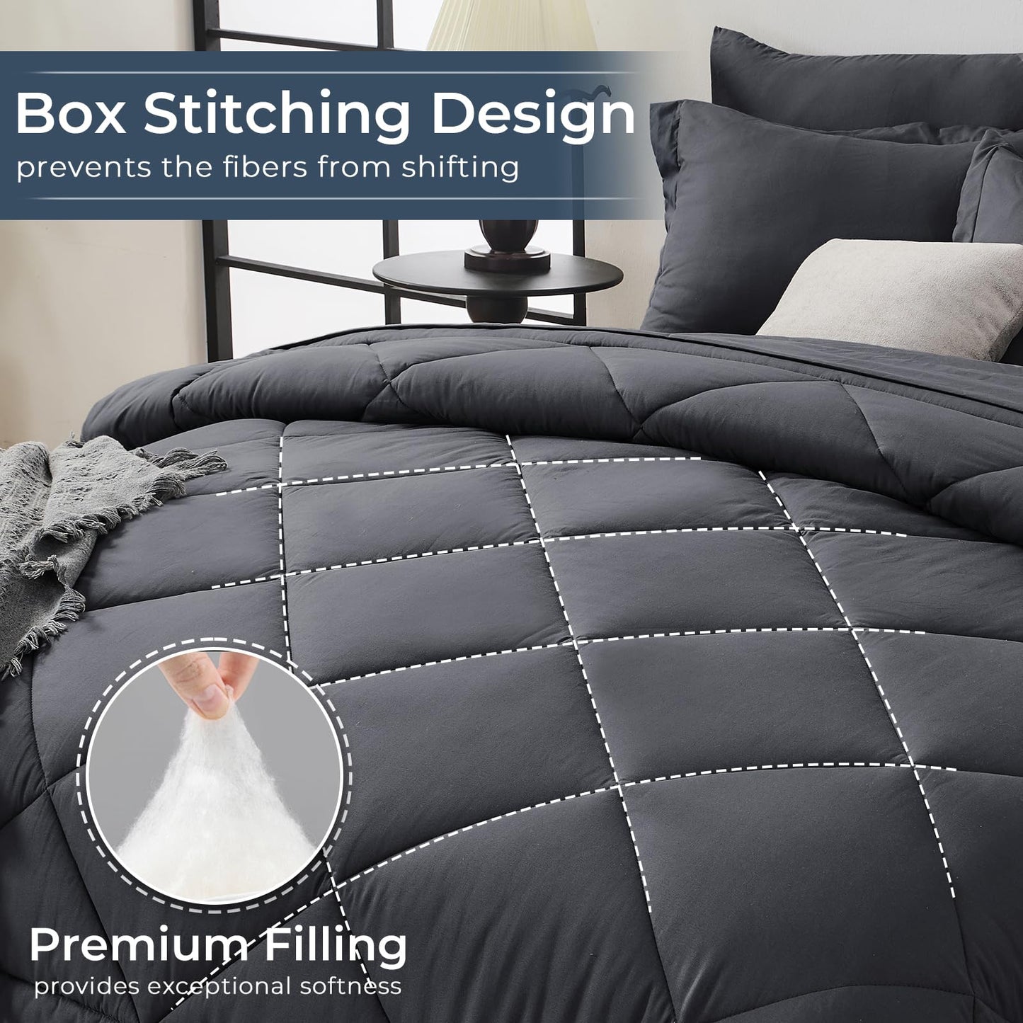 HEVUMYI Full Comforter Set - 7-Piece All Season Bed in a Bag Full, Ultra Soft Bedding Set with Comforter, Flat Sheet, Fitted Sheet, Pillowcases, Pillow Shams, Dark Grey