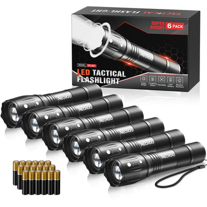 RECHOO 6Pack LED Flashlight, Bright Small Flashlights High Lumens with 3 Modes, Pocket Mini Flashlight Battery Powered, Flash Light Adjustable Focus, Waterproof Flashlights for Home Emergency Camping