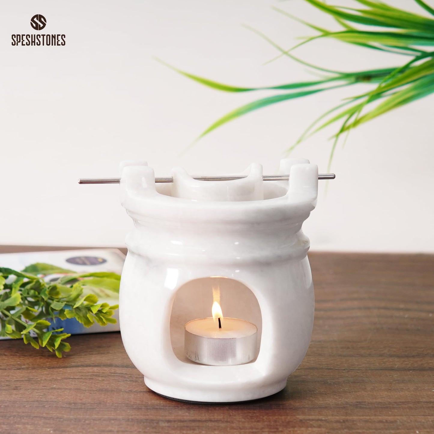 SPESHSTONES Marble Oil Burner for Scented Oil Verona 4.5 Inch White Handmade Stone Warmer for Essential Oils & Wax Melts - Aromatherapy Diffuser with 2 Tealight Candles, Elegant Wax Melt Warmer