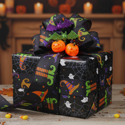 3 Rolls 15 Yards Halloween Wired Edge Ribbon - Bat Skull Pumpkin Halloween Decorative Spider Web Printed Wrapping Ribbon for Party Wreath DIY Craft Floral Bow