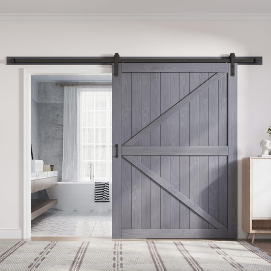 FREDBECK 60in x 84in Gray Wood Barn Door Slab with 10ft (120inch) Barn Door Hardware Track Kit Included, Double Surfaces,Simple Assembly is Required,K-Frame,Grey