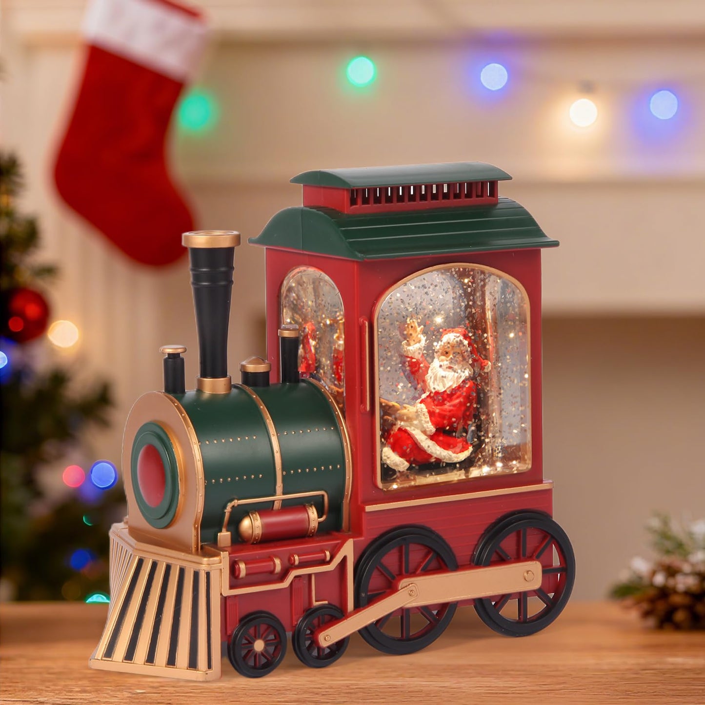Train Christmas Snow Globe, Santa in Musical Train LED Glittering with 6H Timer Battery & USB Powered, Retro Style Holiday Glitter Globe for Xmas Home Decoration Holiday Party Gifts