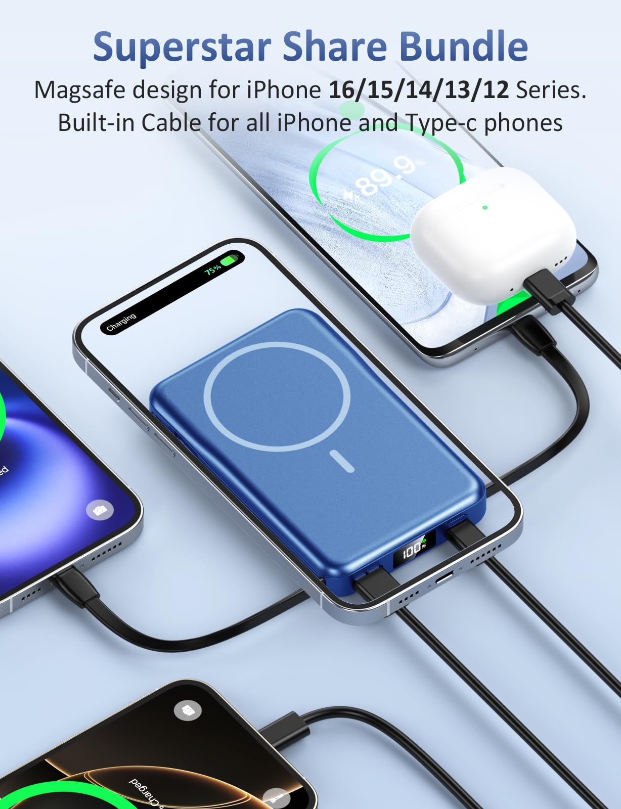 Magnetic Portable Charger, 10000mAh Power Bank, 5 in 1 Portable Charger with Built in Cable, 20W Fast Charging for Magsafe Battery Pack Compatible with iPhone 17/16/15/14/13/12 Pro/Pro Max Series