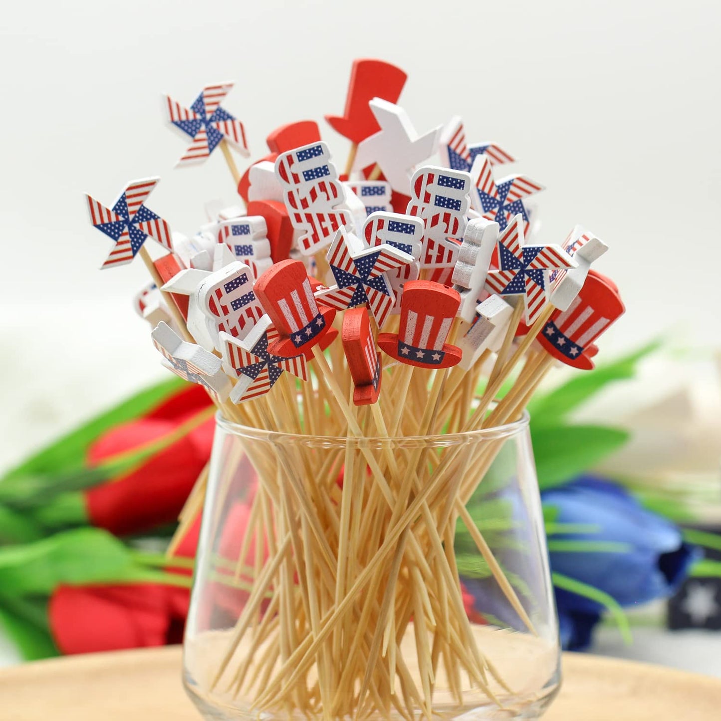 100pcs Red Heart Cocktail Picks 4.7" Long Fruit Sticks Food Toothpicks Sandwich Appetizer Charcuterie Skewers, Handmade of Bamboo Wood, for Birthday, Wedding, Valentines Day Decoration Party Supplies