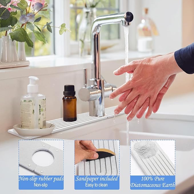 Stone Faucet Mat for Kitchen Sink- 15.6''x 3.9''Diatomite Fast-Drying Faucet Mat