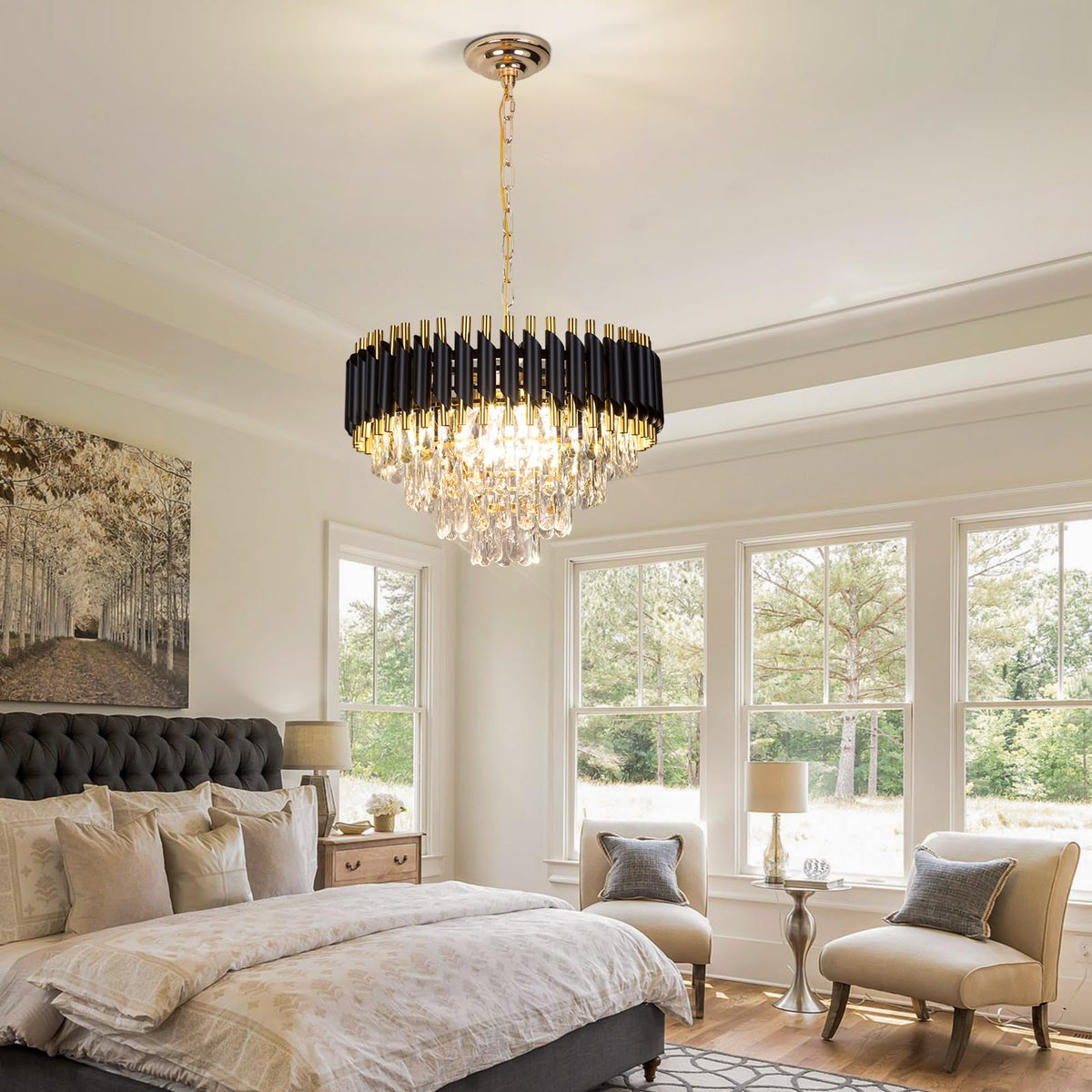 FRIXCHUR Modern Crystal Chandelier 20" Black Flush Mount Ceiling Light 4 Tiers Crystal Pendant Light LED Crystal Chandelier for Bedroom Dining Room