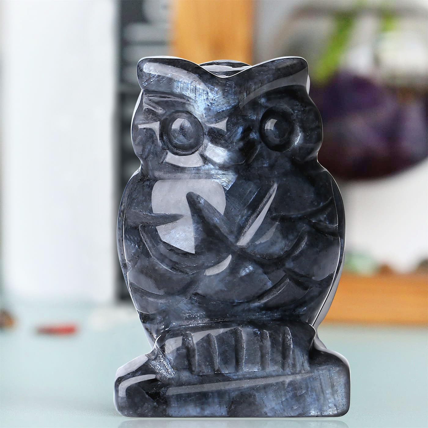 QINJIEJIE 2" Black Labradorite Crystals Owl Decor Stone Figurines Owls Statue Gifts Gemstone Home Sculpture Decorations Pocket Polished Cute Room Desk Gift for Men Women