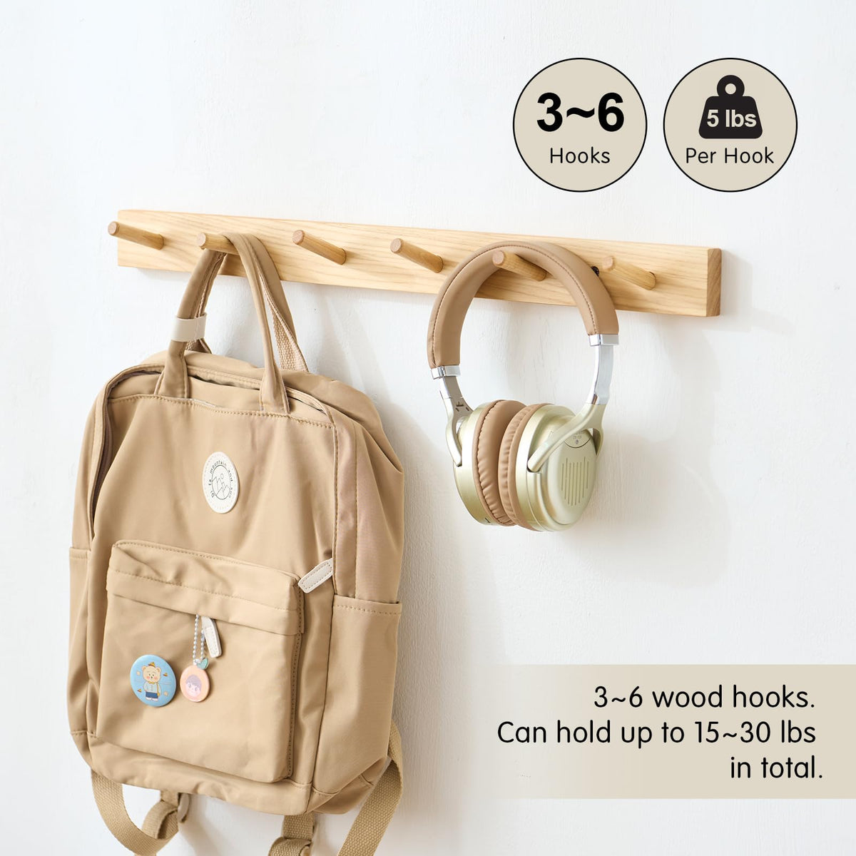TRWISWDC Hickory Wood Coat Rack Wall Mount, 24 Inch Coat Hook Hanger Wooden Wall Coat Rack with 6 Hooks for Purse Clothes Towels Hats in Entryway Bedroom Bathroom, Natural