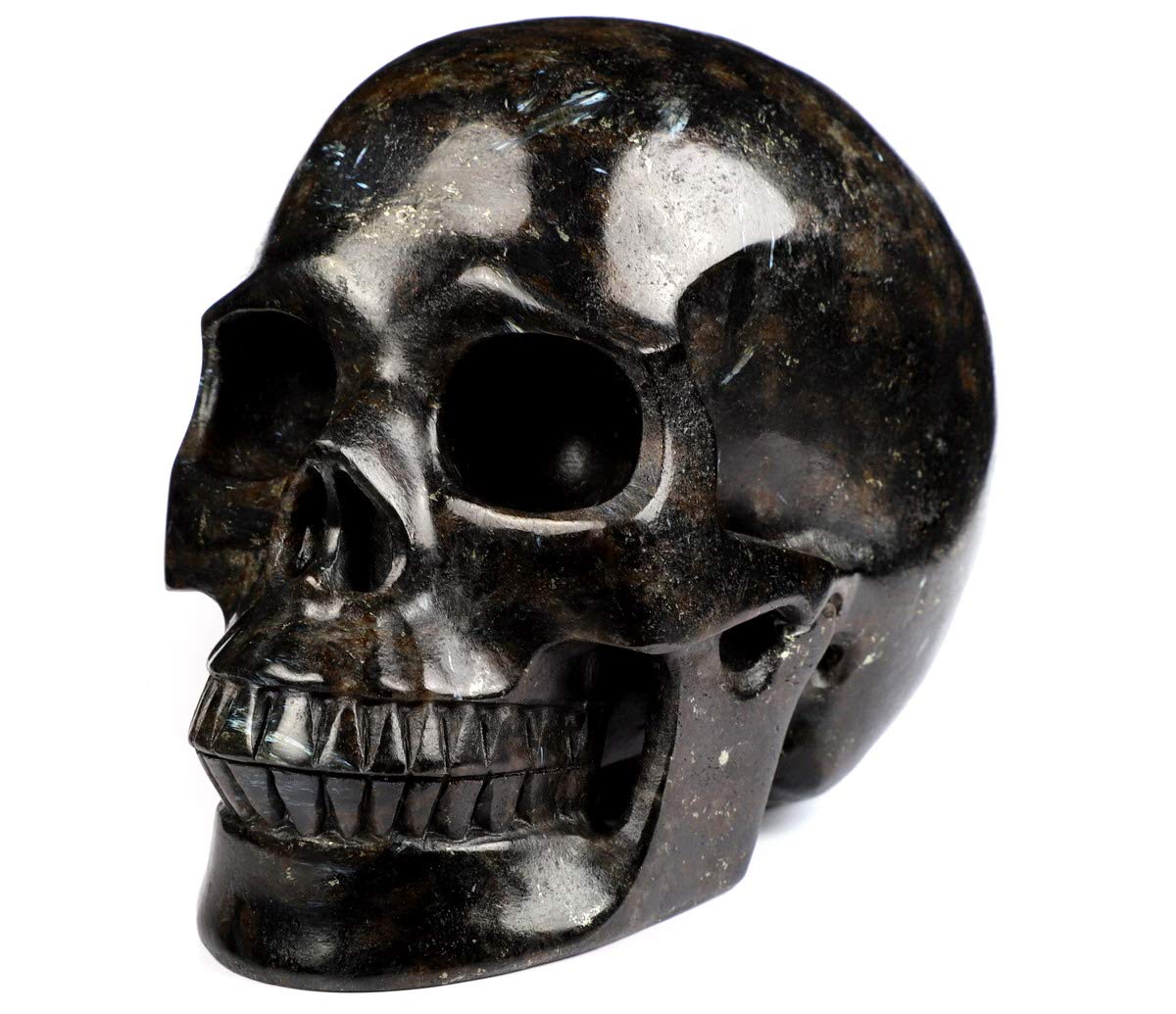 Skullis 5.0" Russian Arfvedsonite Crystal Skull, Hand Carved Gemstone Fine Art Sculpture, Reiki Healing Stone Statue.