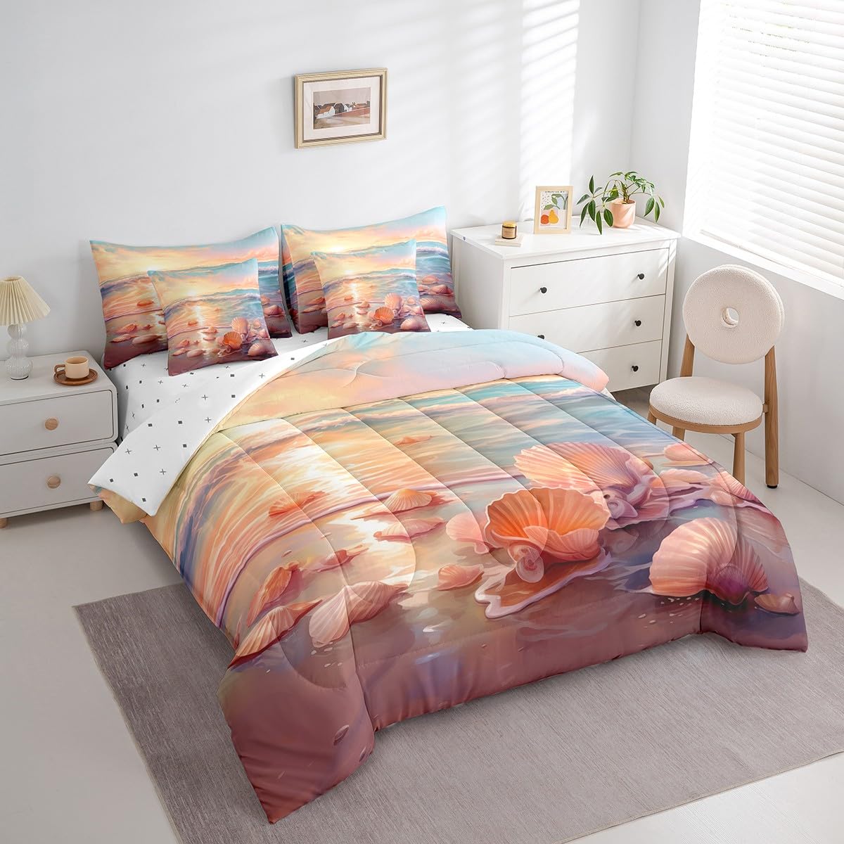 Erosebridal Ocean Full Bedding Sets 7-Piece Tropical Hawaii Comforter Set Hawaii Beach Comforter Set with Sheets Seashell Conch Bed in A Bag Oil Painting Bed Sheets Set Coastal Sealife Bedroom Decor