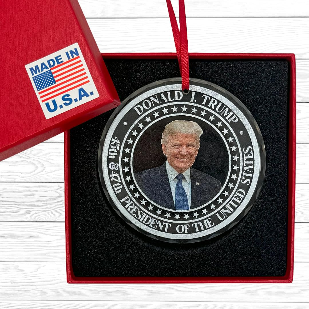 Trump Christmas Ornaments 2026 - Donald Trump Ornament - Glass Christmas Tree Decoration - 45-47 President Donald Trump Merchandise Supporters - Americas 250th - Patriotic Decor (White)