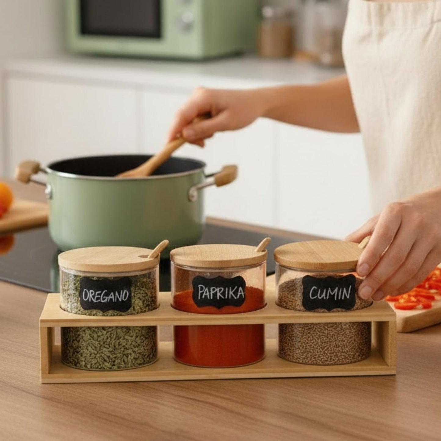 Yiyiring Set of 3 Spice Container Condiment Jar with Bamboo Lids and Spoons Clear Glass Spice Jar Kitchen Storage Container for Salt Sugar Tea Coffee Saving Seasoning Canister Organizer for Counter