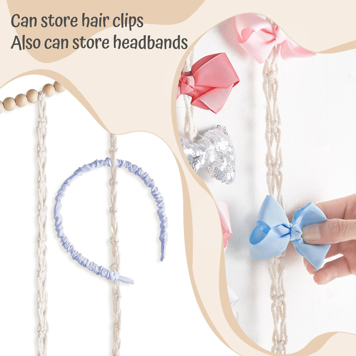 Dahey Macrame Bow Holder Hanging Hair Bow Organizer for Baby Girls Boho Wall Decor Handmade Headband Holder with wood beads Storage Hair Clips for Baby Nursery Room,1 PCS, Clips and Bows Not Included