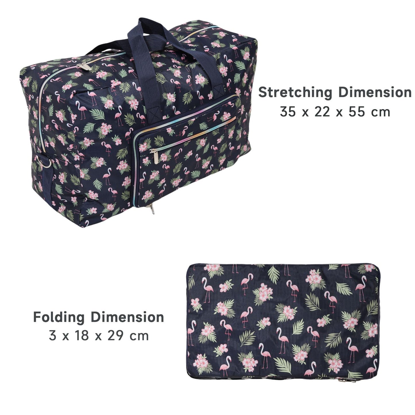 Arxus Large Foldable Duffel Tote Carry on Weekend Overnight Travel Bag Over Luggage with Shoulder Strap (Blue Flamingo)