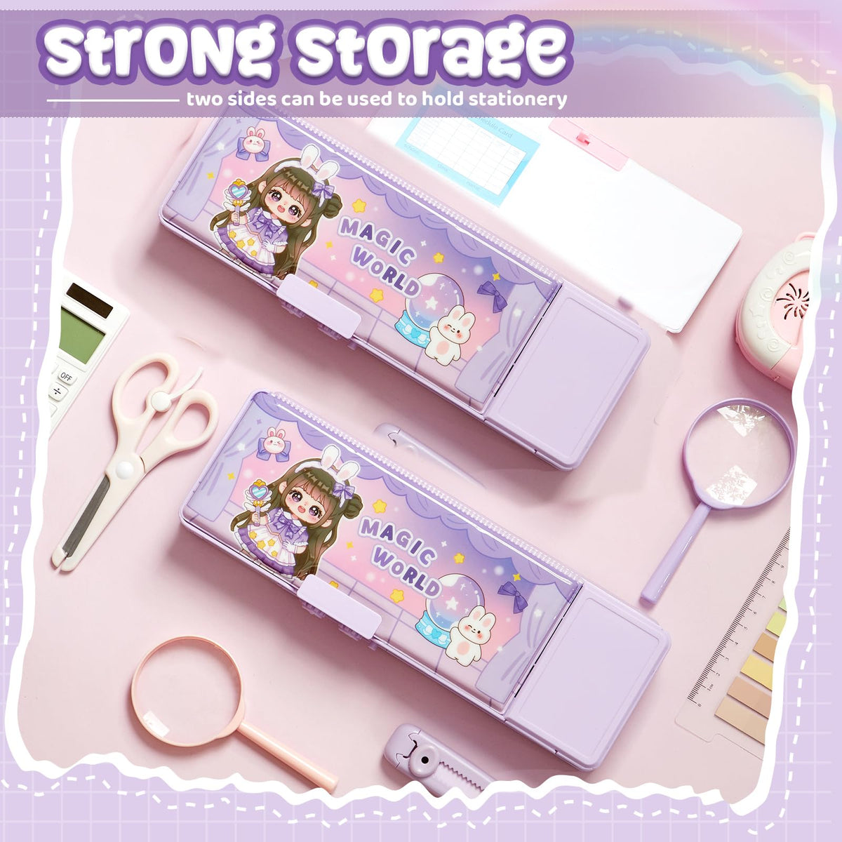 Humyoun Multifunctional Pop up Pencil Case for Girls, Cute Cartoon Pen Box Organizer with Password Lock, Sharpener, Schedule, Birthday Stationery Gifts for Kids (Purple, Magic World)