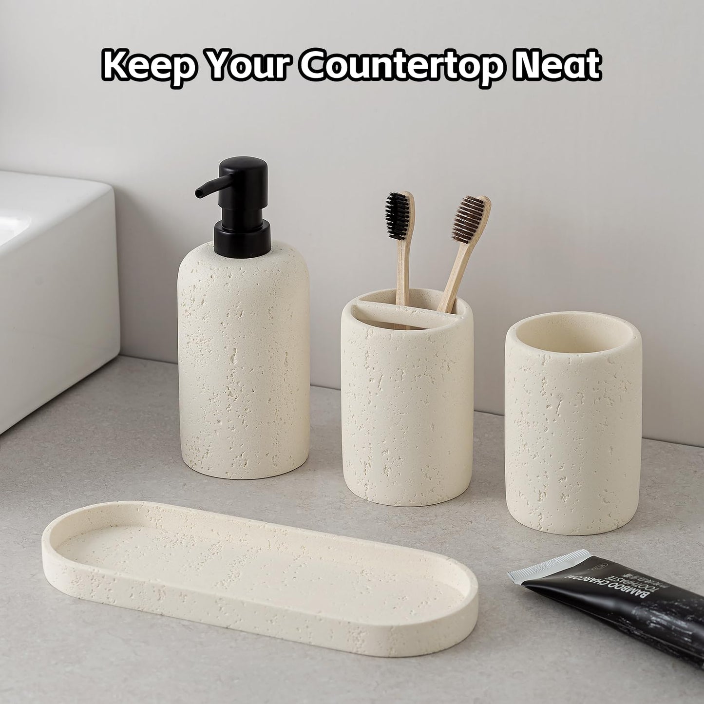 WUUAHOME Bathroom Accessories Set, 4 Piece Travertine Stone Look Collection, Modern Bath Organizer with Soap Dispenser, Toothbrush Holder, Tumbler, Vanity Tray for Countertop Kitchen Sink (Off White)