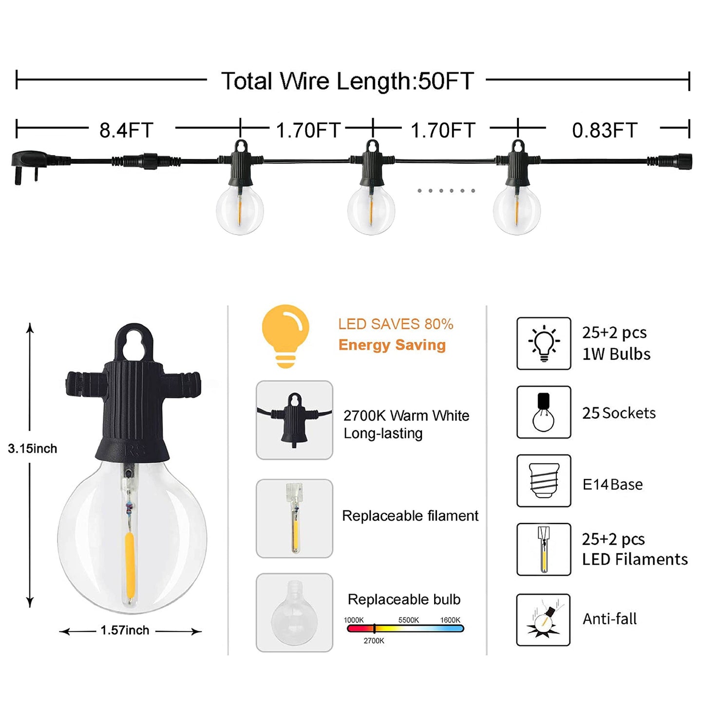 ZOTOYI LED Outdoor String Lights Mains Powered, 50Ft Waterproof IP65 Garden String Lights, 25+2 G40 Globe Bulbs(2 Spare), Shatterproof Festoon Lights for Outside Bistro Backyard Party Cafe