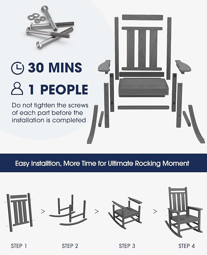 KINGYES Oversized Outdoor Rocking Chair Set of 6, All-Weather Patio Rocking Chairs for Porch, HDPE Outdoor Patio Rockers with High Back & Wide Seat for Garden, Lawn, Gray