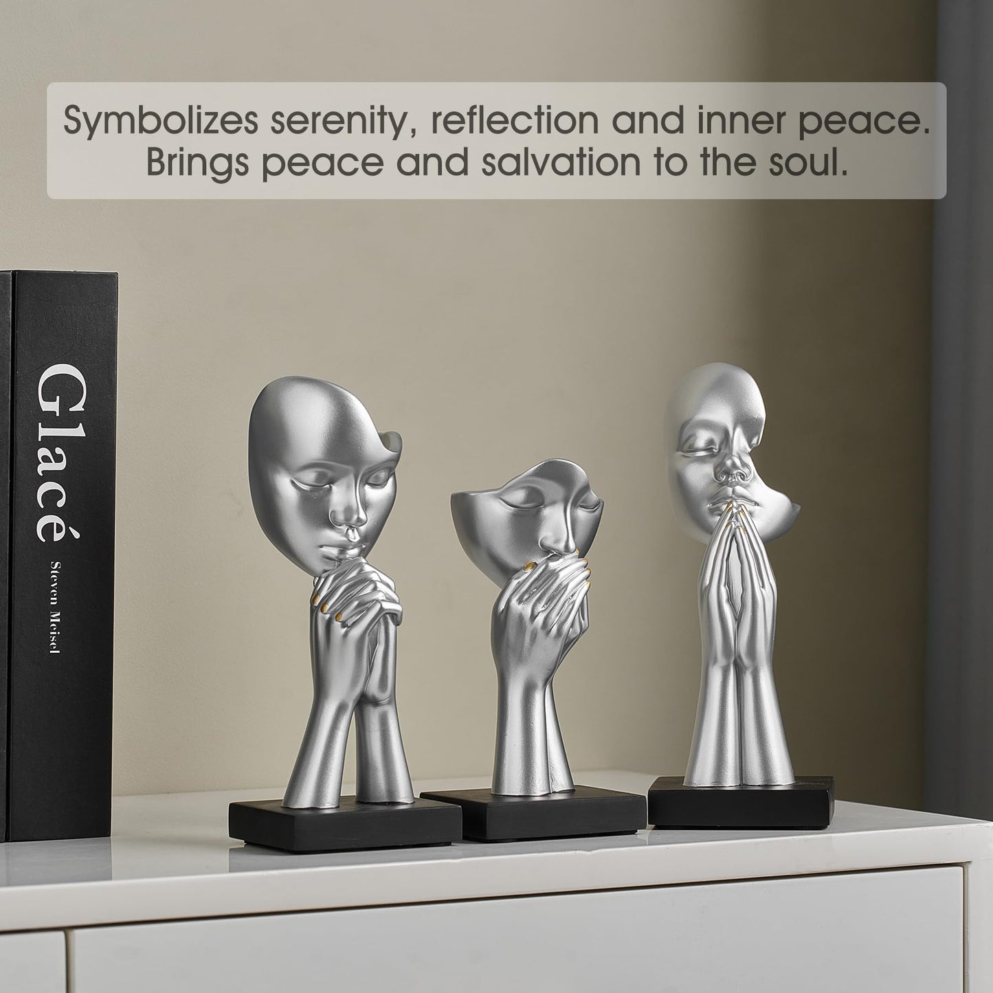 3 Pcs Silver Decor Prayer Statues, Modern Prayer of Peace Figurines Shelf Decor Accents, Abstract Art Sculpture Home Decorations for Living Room Bedroom Office Bookshelf Coffee Table, Gifts for Women