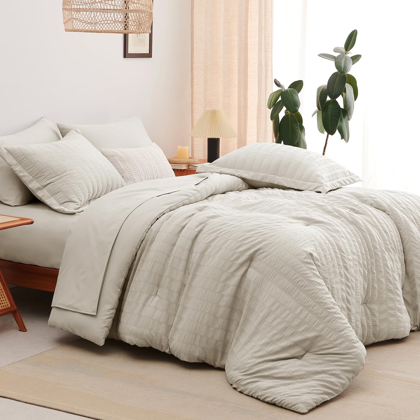 CozyLux Queen Comforter Set Beige, 7 Pieces Seersucker Textured Luxury Bed in a Bag Queen, All Seasons Soft Bedding Sets with Down Alternative Comforter, Sheets, Pillowcases & Shams, Home Gift