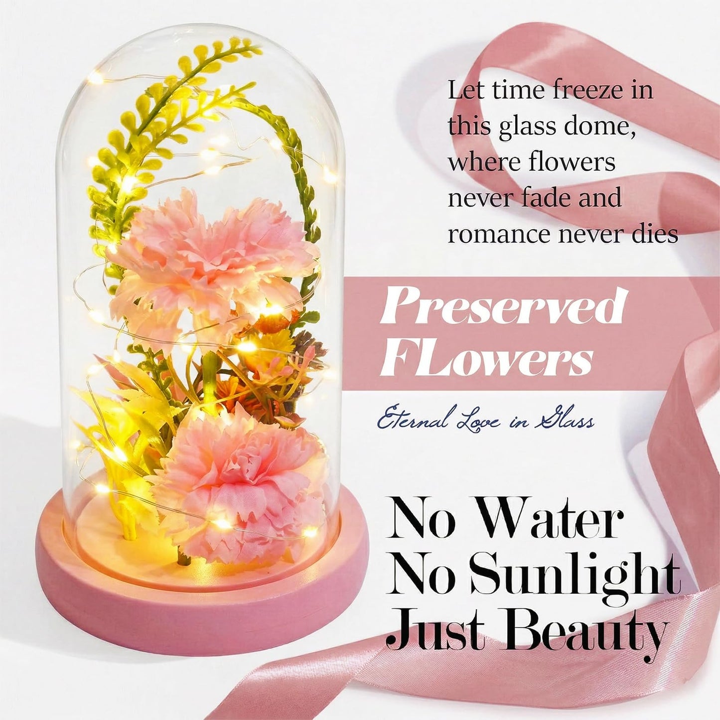 Strackvial Galaxy Glass Carnation Forever Preserved Flower with Light, Valentines Day Birthday Gift for Women, Mom, Wife, Girlfriend, Light Up Carnation in Glass Dome for Mothers Day