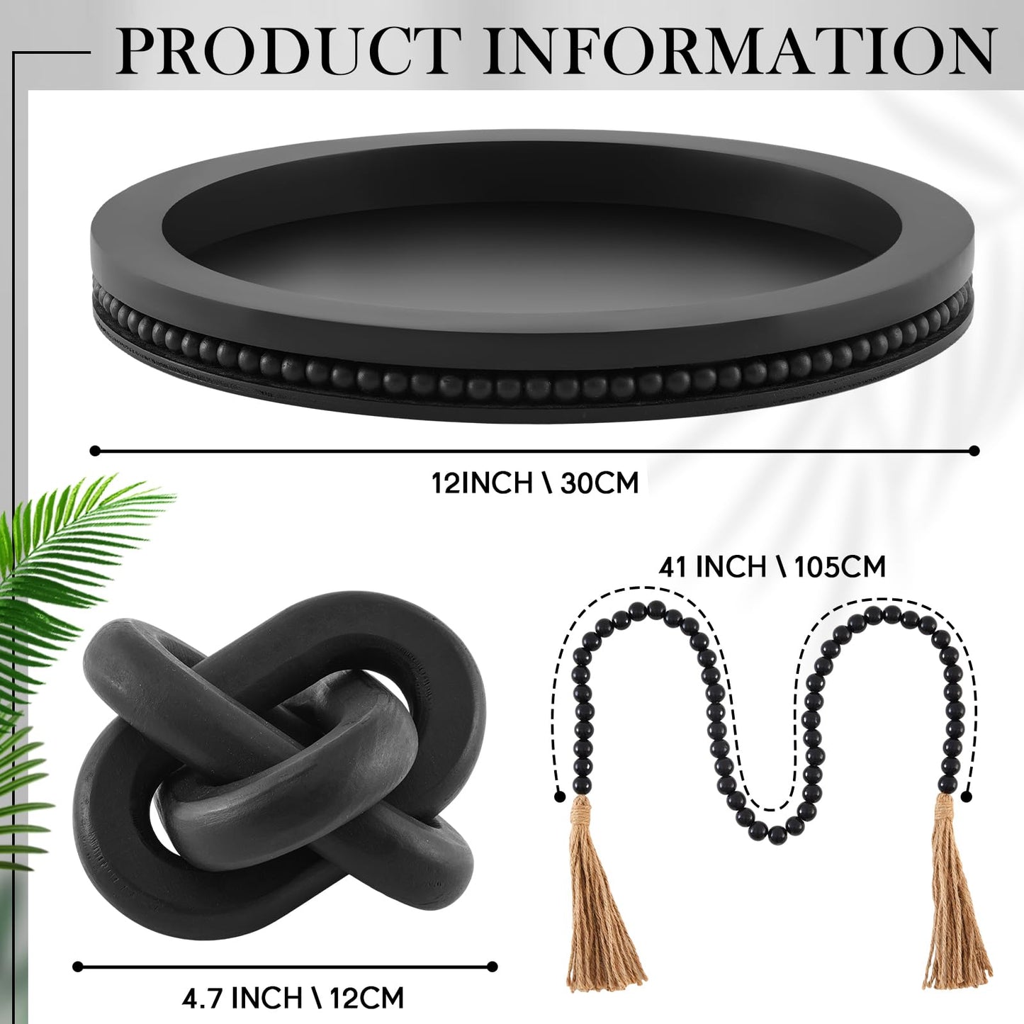 3 Pcs Coffee Table Decor Include 12in Black Wooden Serving Tray, Wood Boho Knot Chain and Wood Bead Garland with Tassels for Coffee Table Housewarming Gift Dining Room Entryway Living Room Farmhouse