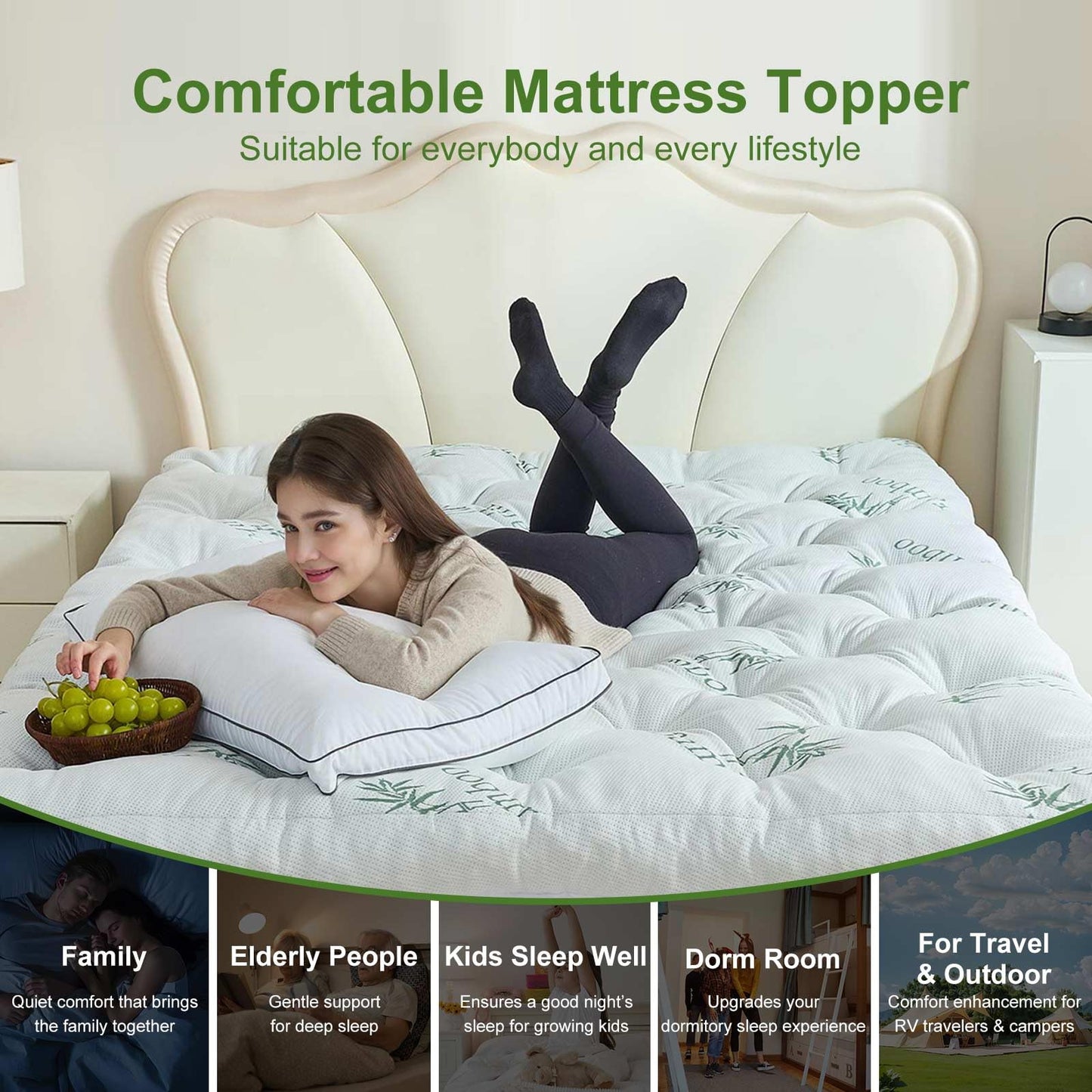 Whatsbedding Memory Foam Mattress Topper Queen Size, 5 Inches Slow Rebound Memory Foam Topper with Cooling Viscose Made from Bamboo Cover, Deep Pocket Designed Mattress Topper