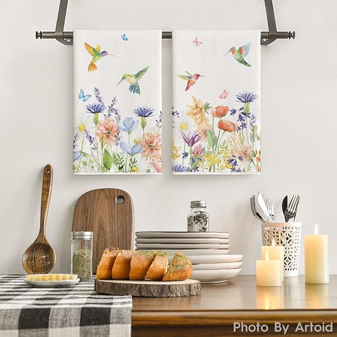 Artoid Mode Anemone Flower Hummingbird Kitchen Towels Dish Towels, 18x26 Inch