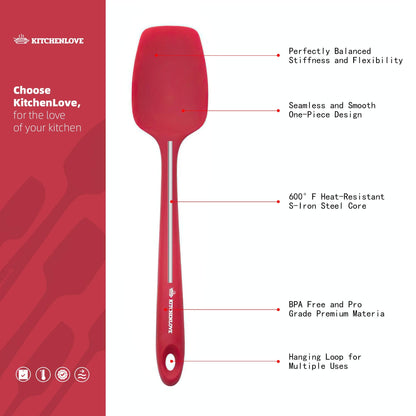 KITCHENLOVE Premium 600°F Heat Resistant 5 Piece Silicone Spatula Set for Baking, Cooking, Mixing - Non-Stick with High Grade S-Iron Steel Core - One Piece Seamless Design - BPA Free (Red)