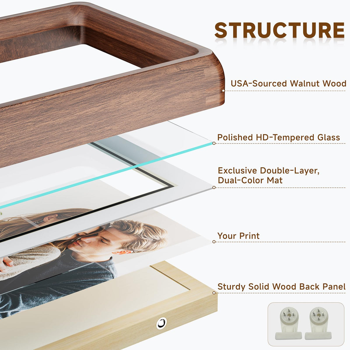 WILTYAPF 2 Pack 4x6 Premium Natural Walnut Wood Picture Frame, Handcrafted with Solid Wood Back & HD Tempered Glass, Rich Wood Grain, Matted for 3x5 Photos, Wall Mount or Tabletop Display
