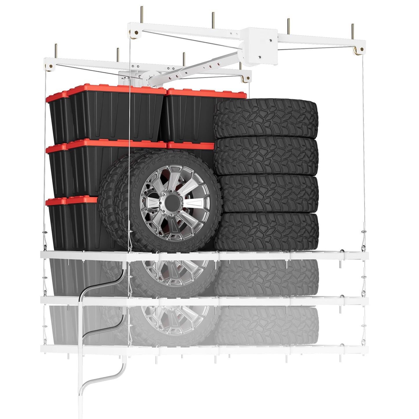 Overhead Garage Lifting Storage Rack, Maximize Your Garage Storage with Our 4x4 Ft Heavy-Duty Ceiling Storage Rack System, Supports 350 lbs, Adjustable & Easy to Install (White 4x4 ft)