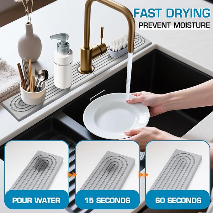 Faucet Mat for Kitchen Sink, Diatomite Quick Drying Tray, Long 23.6'' Kitchen