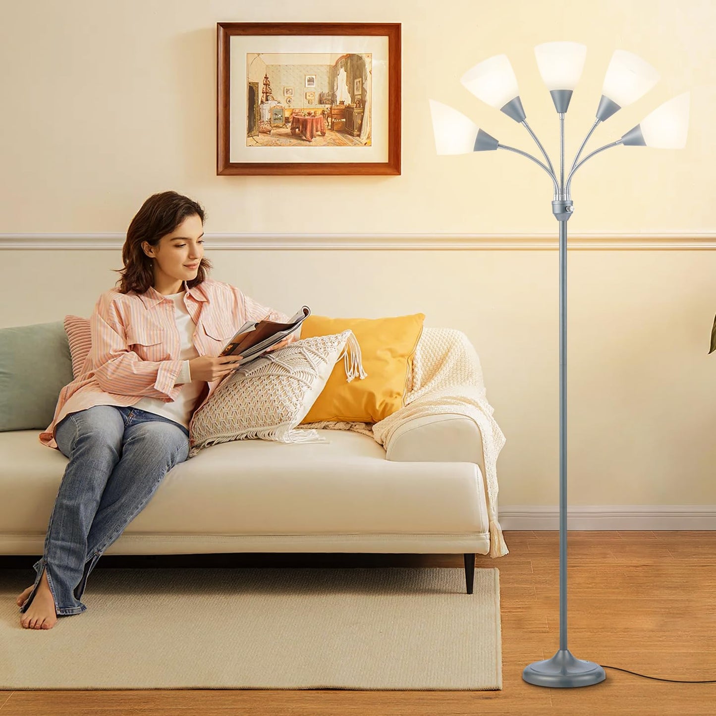 HonoDing Medusa Floor Lamps Standing Lamps 5 Heads Adjustable Reading Light Large Shade Use E26 A19 Bulb Floor Lamps for Living Room Bedroom (Silver)