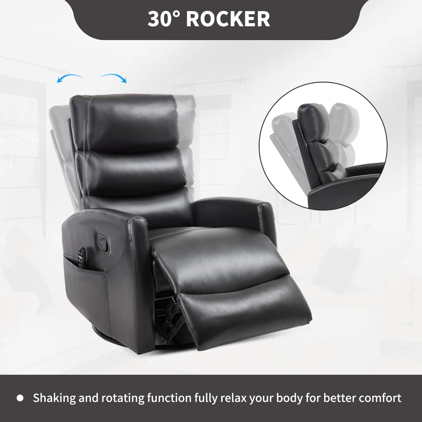 KEIKI Heat Massage Manual Recliner Chair, 360 Swivel Rocker with Lumbar Heat, Lazy Boy Style Faux Leather Overstuffed Back Multi-Function, Nursery Lounge Chair with Side Pockets for Living Room, Black