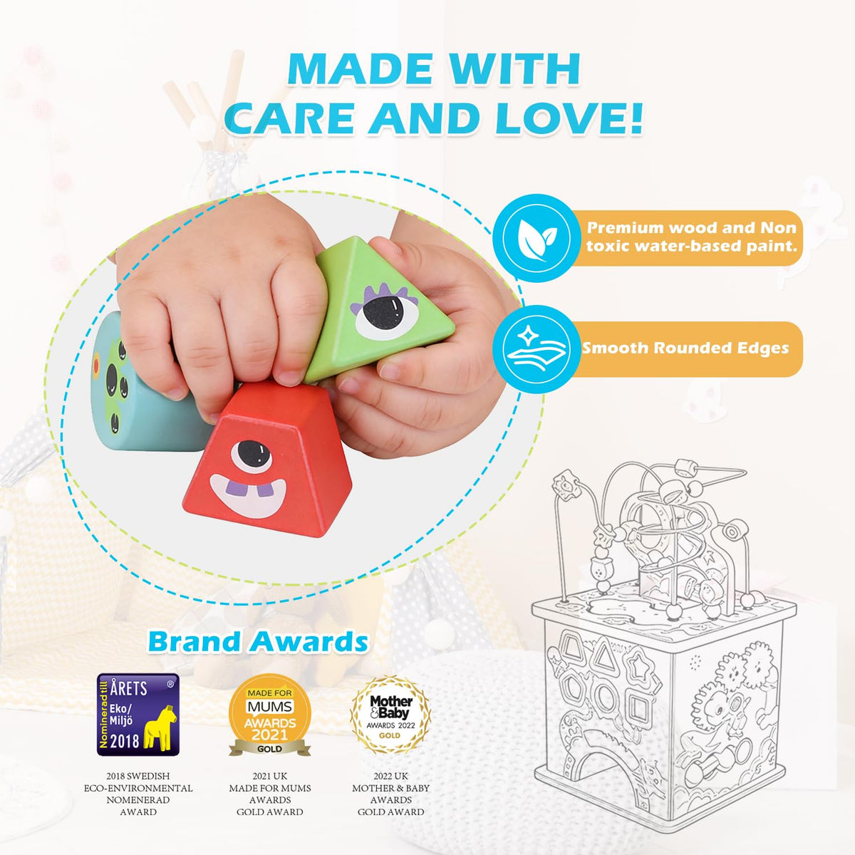 Udeas Pre-Assembled 9 in 1 Large Wooden Activity Cube. Educational Learning Toy for Kids with Bead Maze, Shape Sorter and Music Gears and More. for Toddlers 18 M+. Birthday Gifts for Boys and Girls