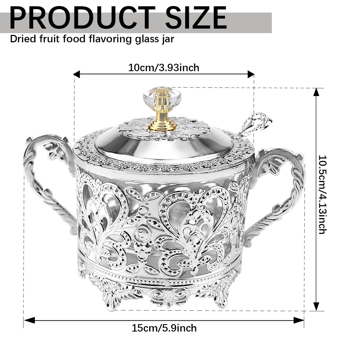 LCJAOF Glass Sugar Bowl with Lid and Spoon Vintage Kitchen Food Canister Condiment Pot Storage Jar Seasoning Containers for Home Restaurant Kitchen（Silver）