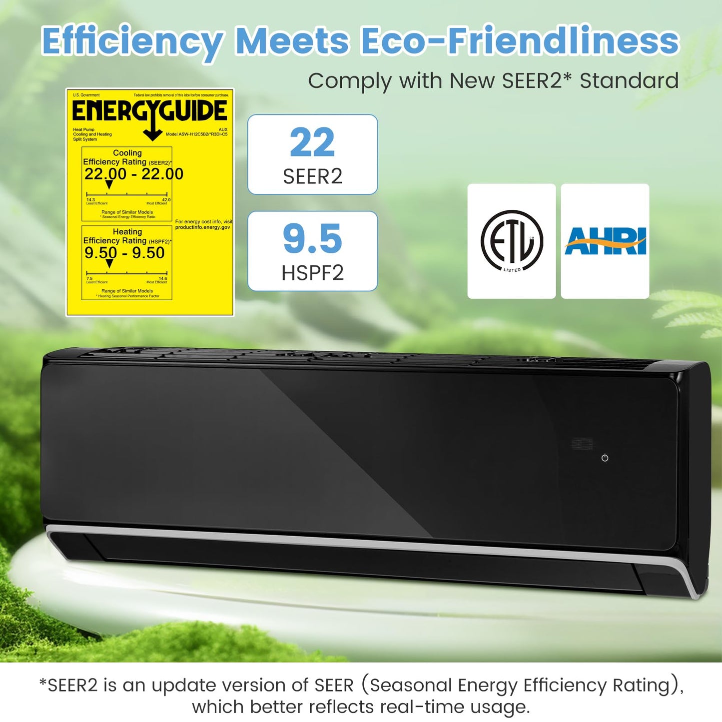 GLACER 12000 BTU Mini Split Air Conditioner & Heater, 22 SEER2 Inverter AC Unit Cools Up to 750 Sq. Ft, Wall-mounted Tubeless Split-System with Mounting Kit (Black, 12000BTU, 208-230V, 22 SEER2-WIFI)
