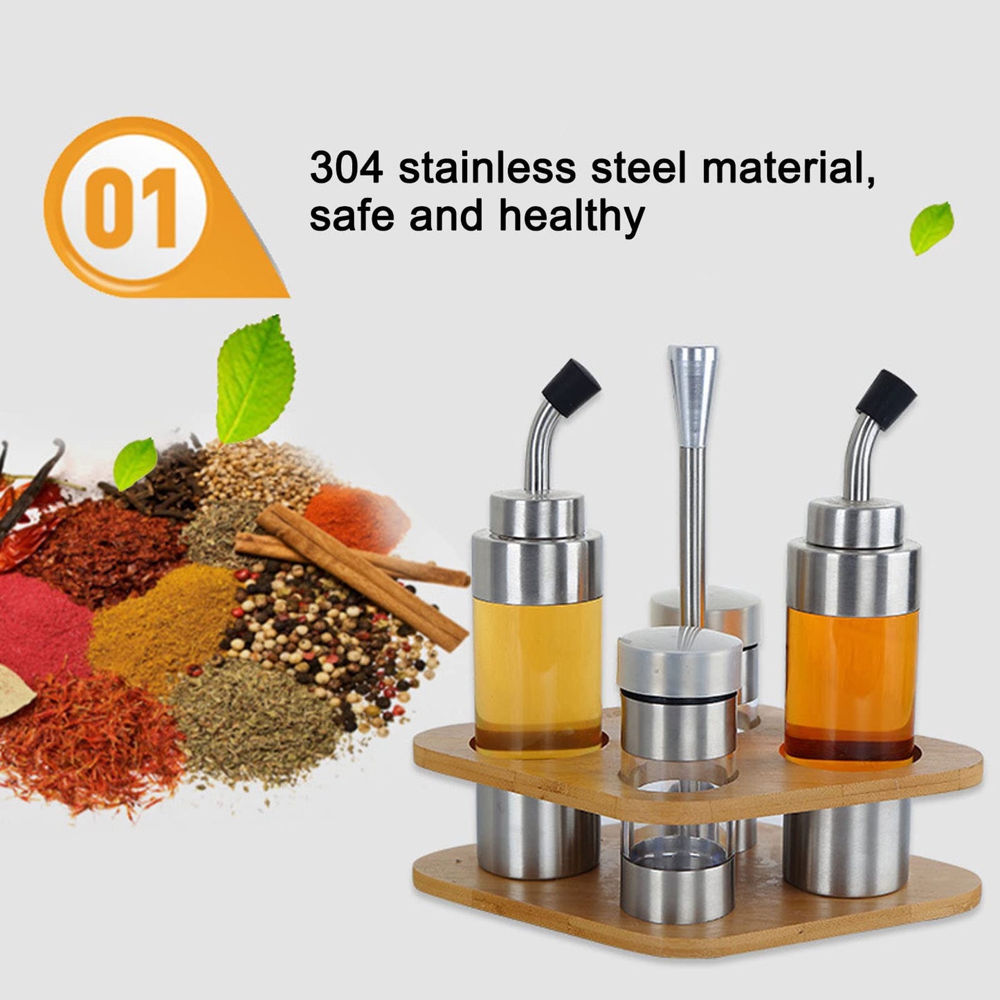 Cyrank Salt and Pepper Shakers, Olive Oil and Vinegar Dispenser Set with Wood Holder Glass Spice Dispenser for Home Kitchen Restaurant