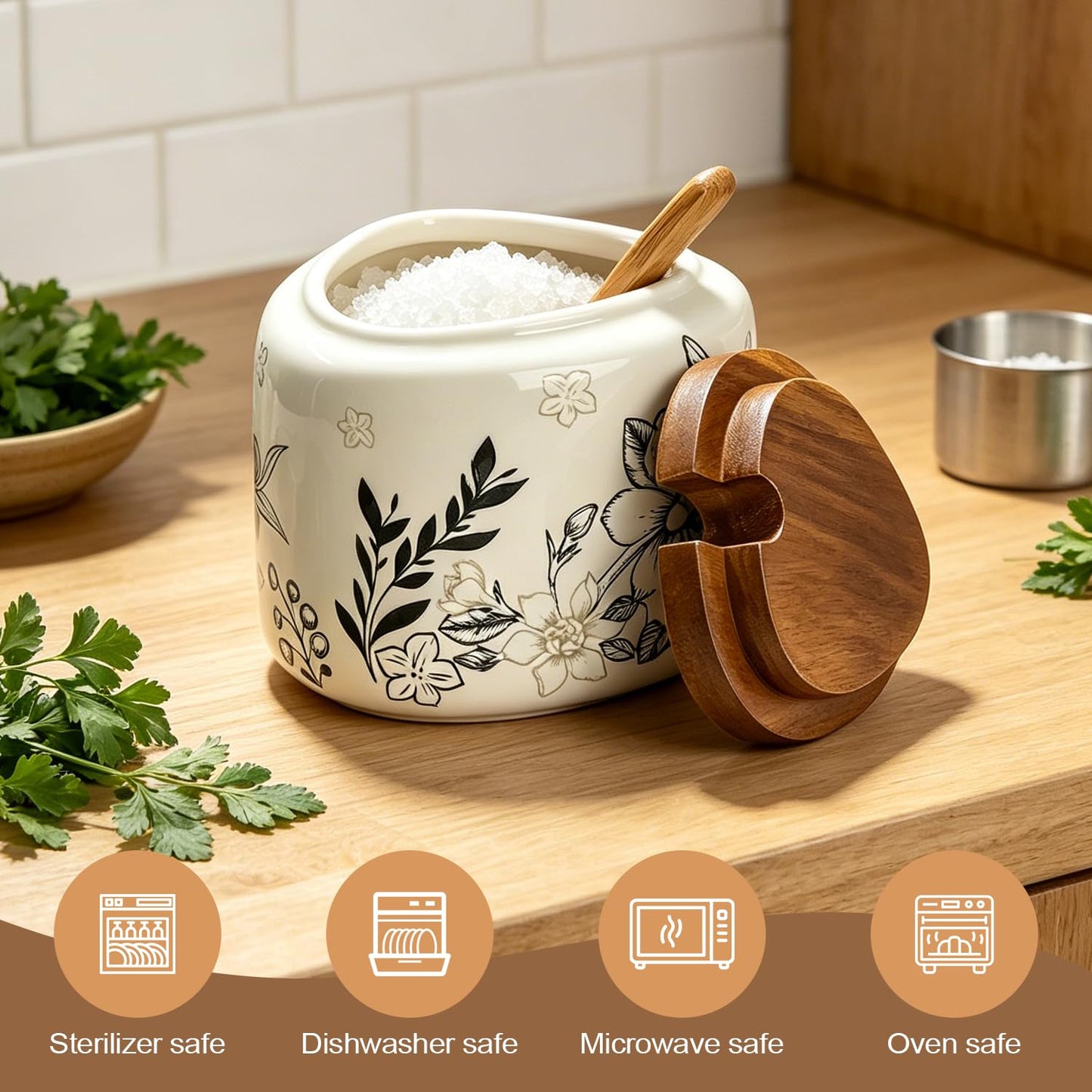 Salt Cellar 13.4 oz, Chinese Classical Vine Pattern Porcelain Salt Container with Wooden Lid & Bamboo Spoon, Ceramic Seasoning Bowl for Pepper & Spices, Kitchen Countertop Salt Holder (Triangular)