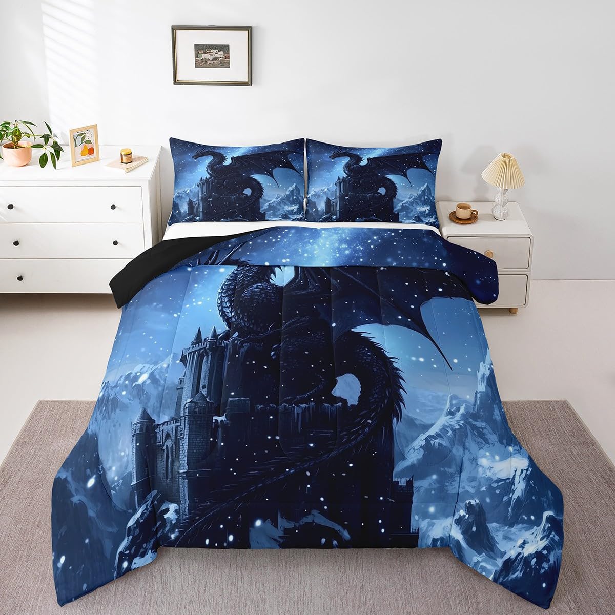 Mystery Dragon Kids Comforter Sets Toddler Size,Exotic Wildlife Castle Animals Bedding Comforter Sets,Winter Animals Heavy Snow Quilt Sets,Natural Snow Mountain Duvet Insert with 1 Pillowcase
