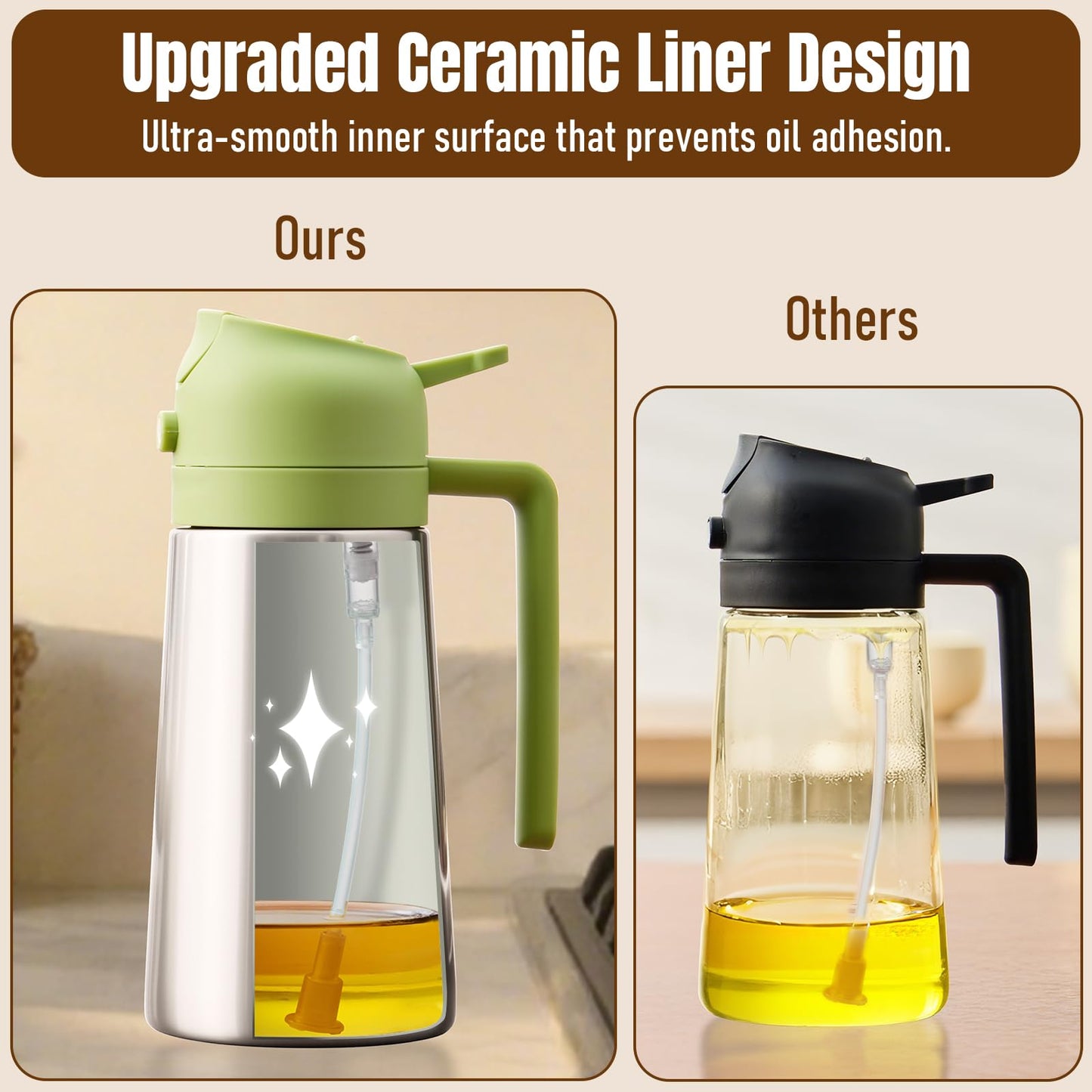 PARACITY Oil Dispenser Bottle with Stainless Steel Shell & Ceramic Sprayed Interior, 2 in 1 Olive Oil Sprayer and Dispenser, Oil Spray Bottle for Cooking, Kitchen, BBQ, Air Fryer, Salad, Baking(Green)
