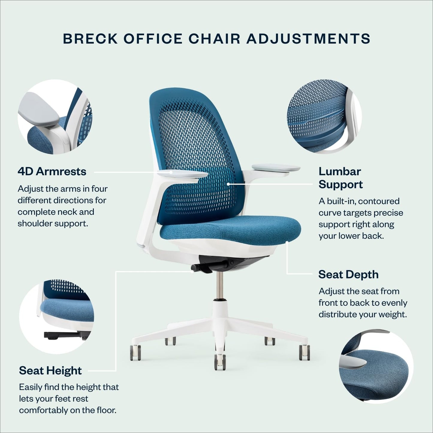 Haworth Breck Office Chair - Ergonomic Desk Seat with Height-Adjustable Lumbar Support, Black Trim, and 4D-Arms (Agave)
