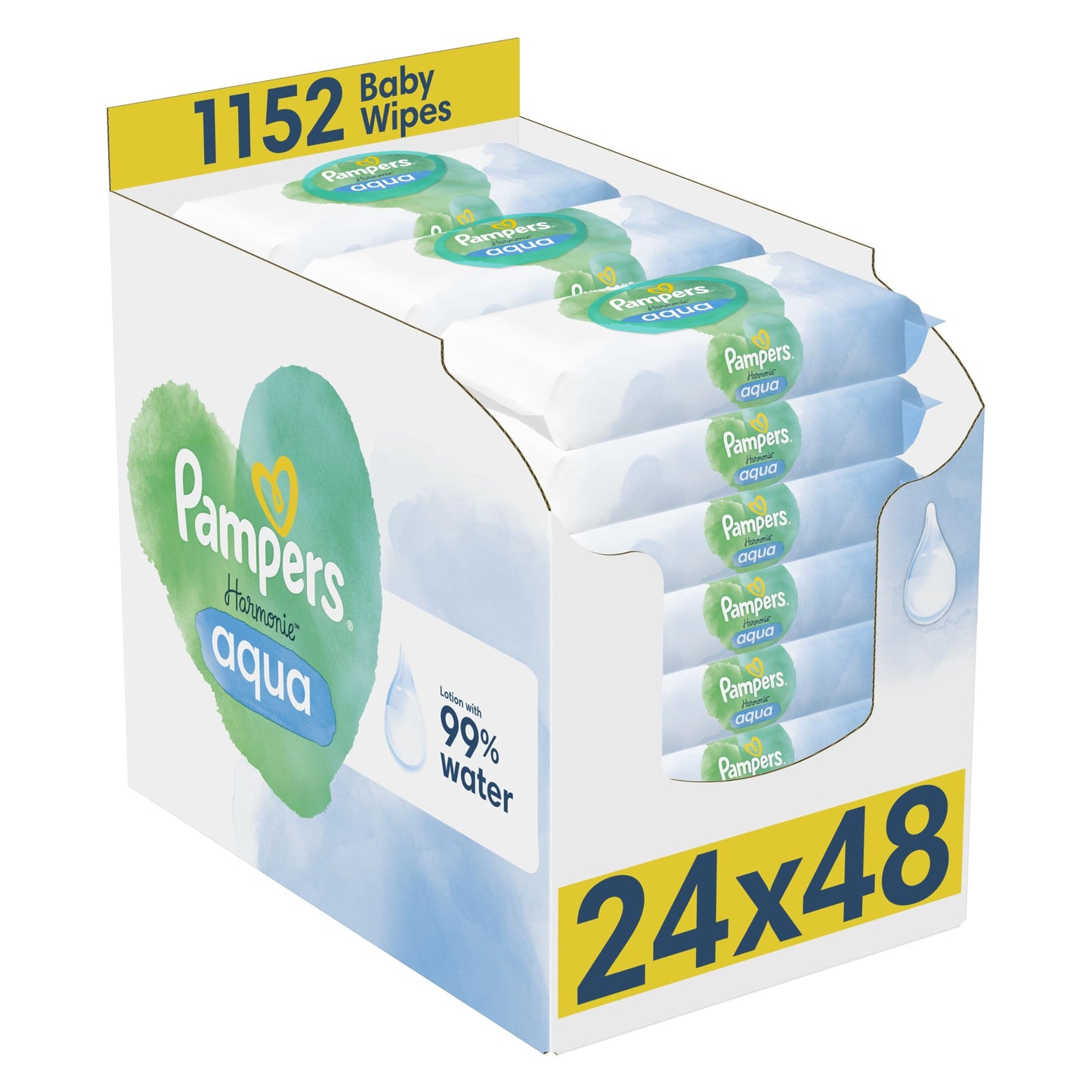 Pampers Harmonie Aqua Baby Wipes Plastic Free 24 Packs of 48 Wipes, 1152 Baby Wet Wipes, Help restore natural skin pH, Delicate lotion with 99 percent water