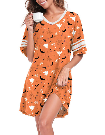 REGAI Women's Nightgown Short Sleeve V Neck Nightshirt Casual Sleepwear, Halloween Orange, 3XL