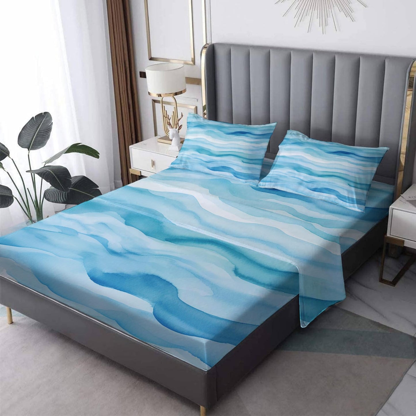 NOGAWA Abstract Wave Sheets Full Size, Coastal Blue Bed Sheets, Patterned Bedding Sheets & Pillowcases 4 Piece Set - Soft Microfiber Deep Pocket Fitted Sheet & Flat Sheet & 2 Pillow Cases